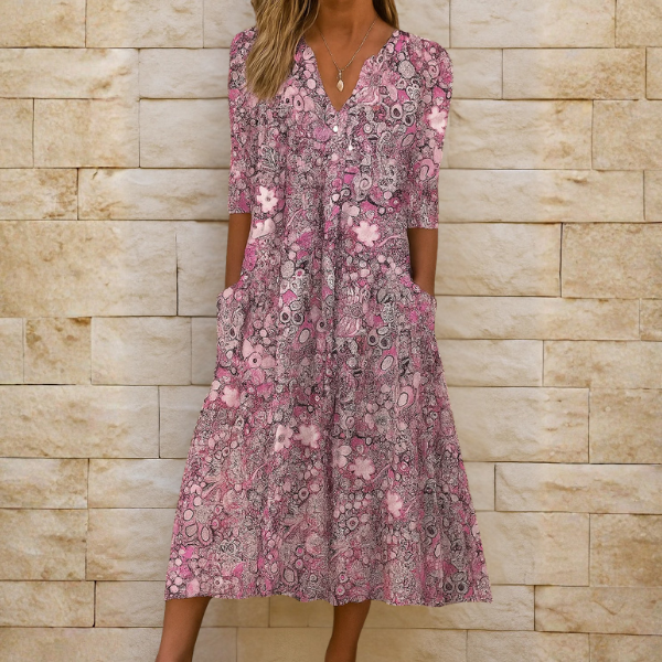 Yolanda | Vestido Midi Boho con Escote en V, Volante y Bolsillos