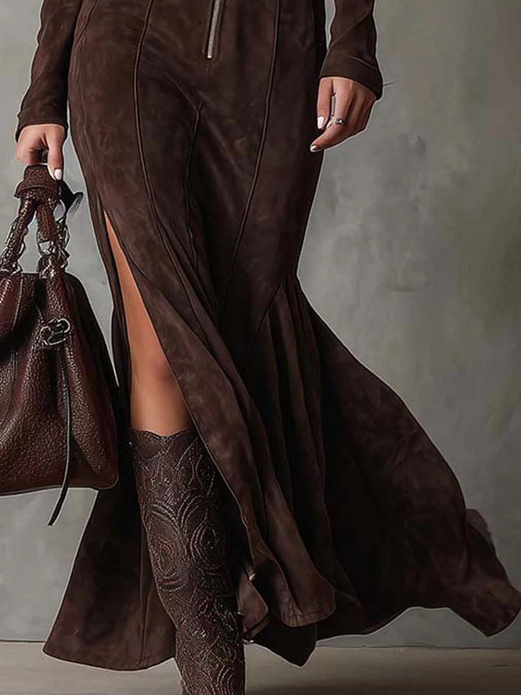 Lucía – Vestido Largo Marrón con Cinturón