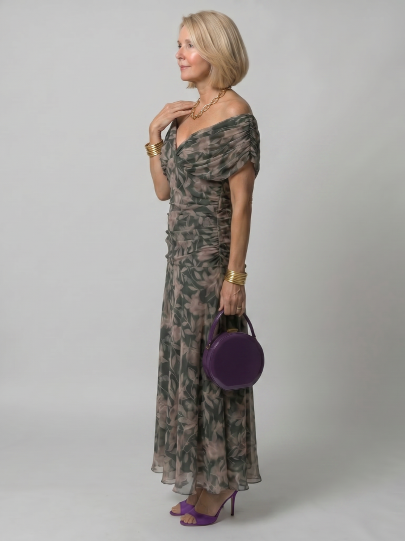 Clara | Vestido Midi Fluido con Hombros Descubiertos