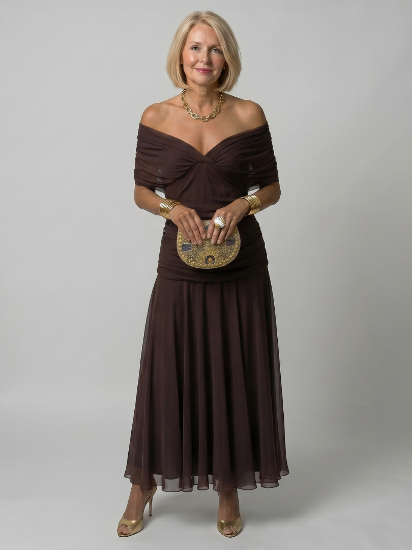 Clara | Vestido Midi Fluido con Hombros Descubiertos