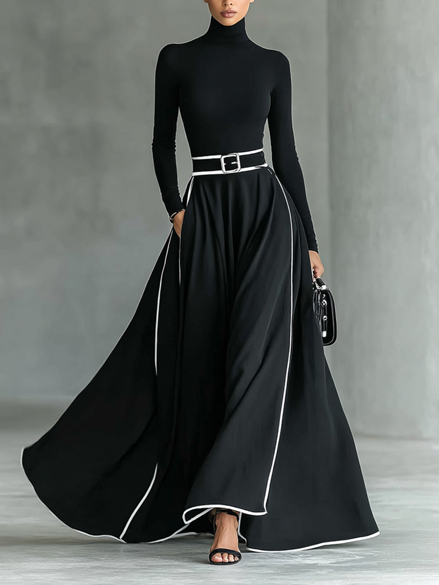 Julia – Vestido Largo Negro de Mujer con Costuras Blancas y Cuello Alto, Manga Larga, Cintura Ceñida