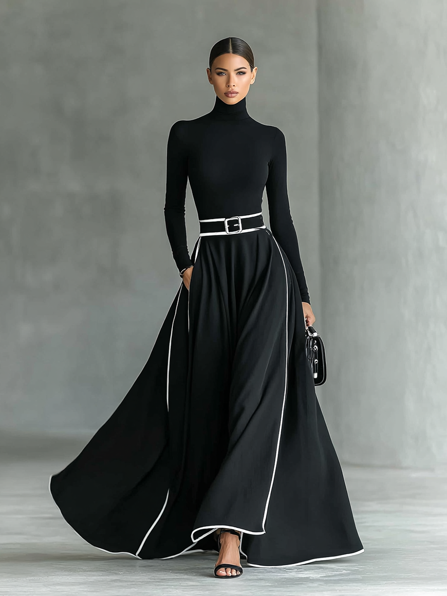 Julia – Vestido Largo Negro de Mujer con Costuras Blancas y Cuello Alto, Manga Larga, Cintura Ceñida