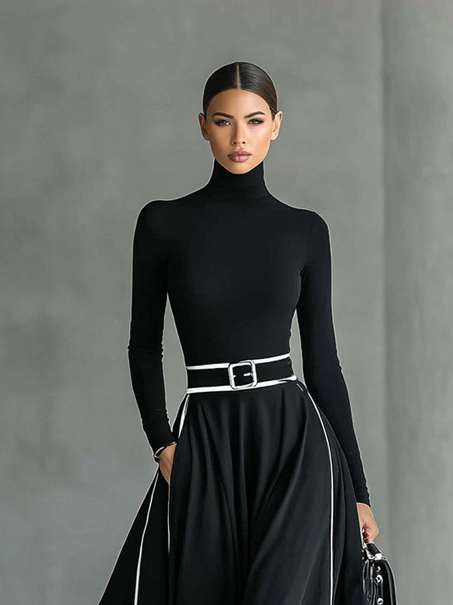 Julia – Vestido Largo Negro de Mujer con Costuras Blancas y Cuello Alto, Manga Larga, Cintura Ceñida