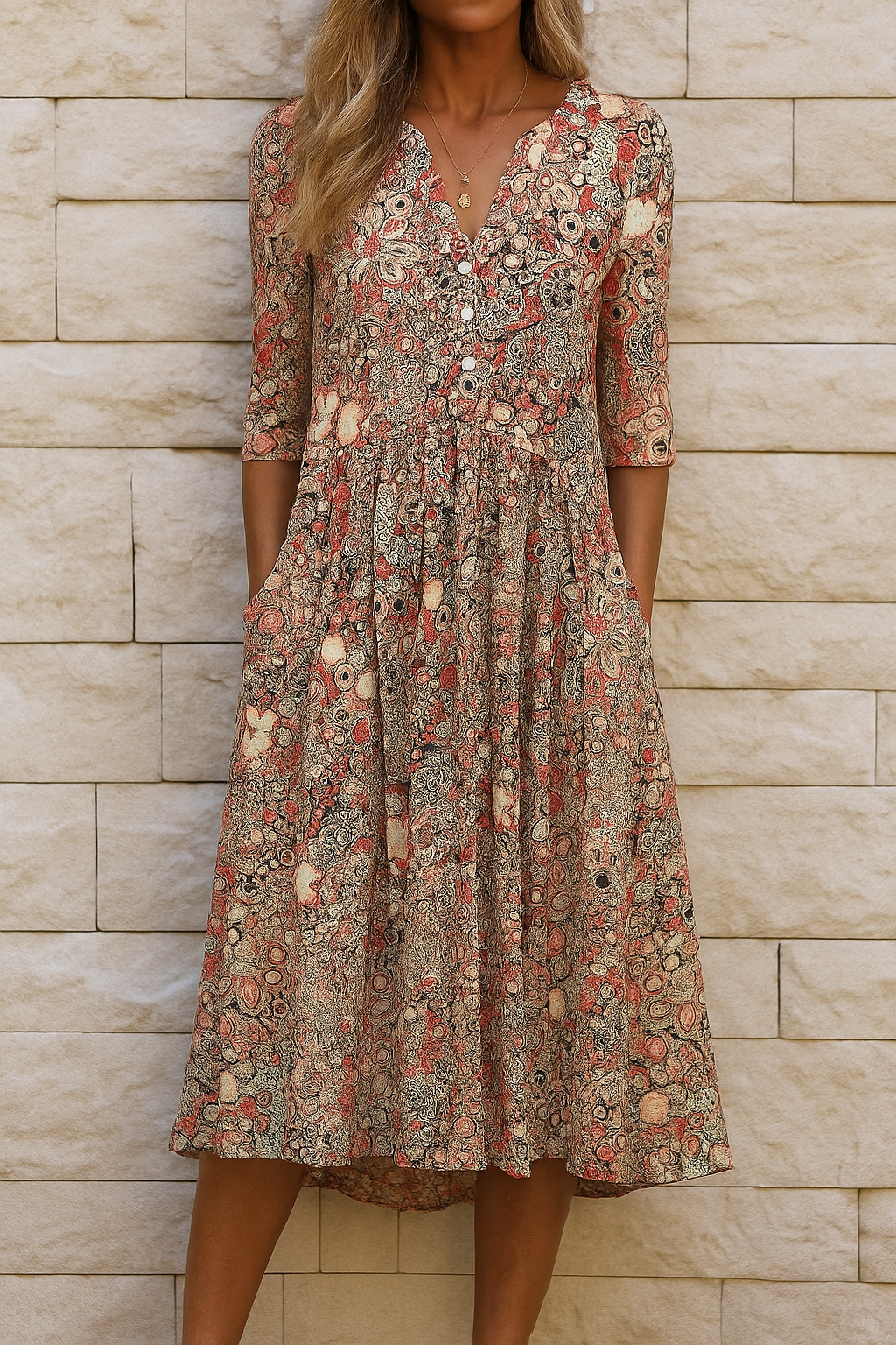 Yolanda | Vestido Midi Boho con Escote en V, Volante y Bolsillos