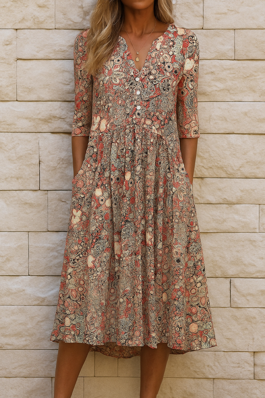 Yolanda | Vestido Midi Boho con Escote en V, Volante y Bolsillos