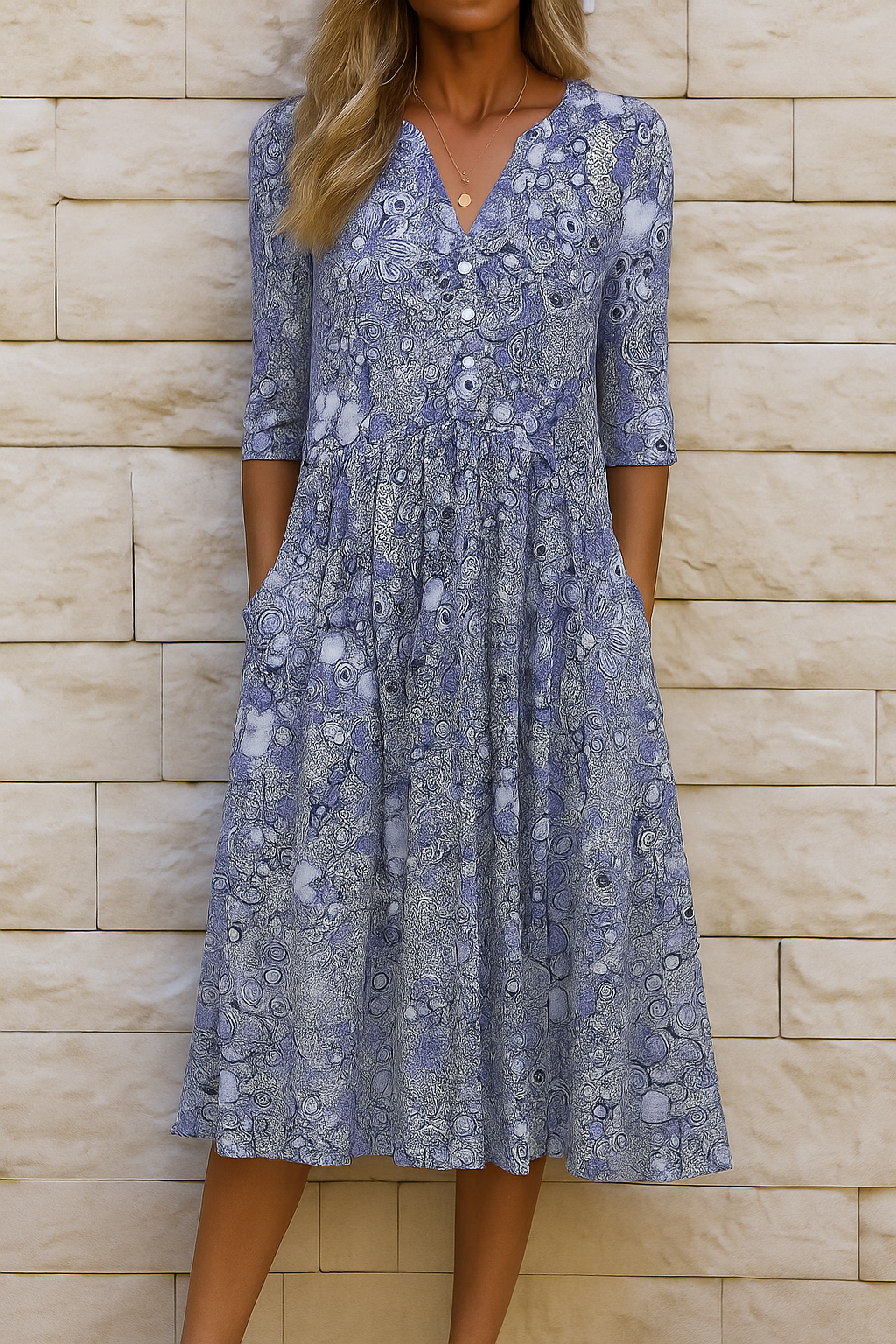 Yolanda | Vestido Midi Boho con Escote en V, Volante y Bolsillos