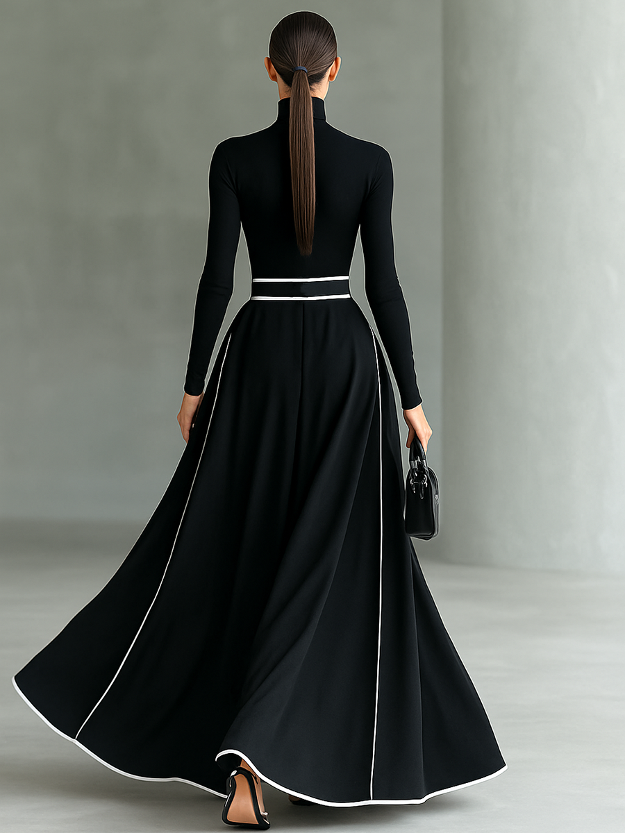 Julia – Vestido Largo Negro de Mujer con Costuras Blancas y Cuello Alto, Manga Larga, Cintura Ceñida