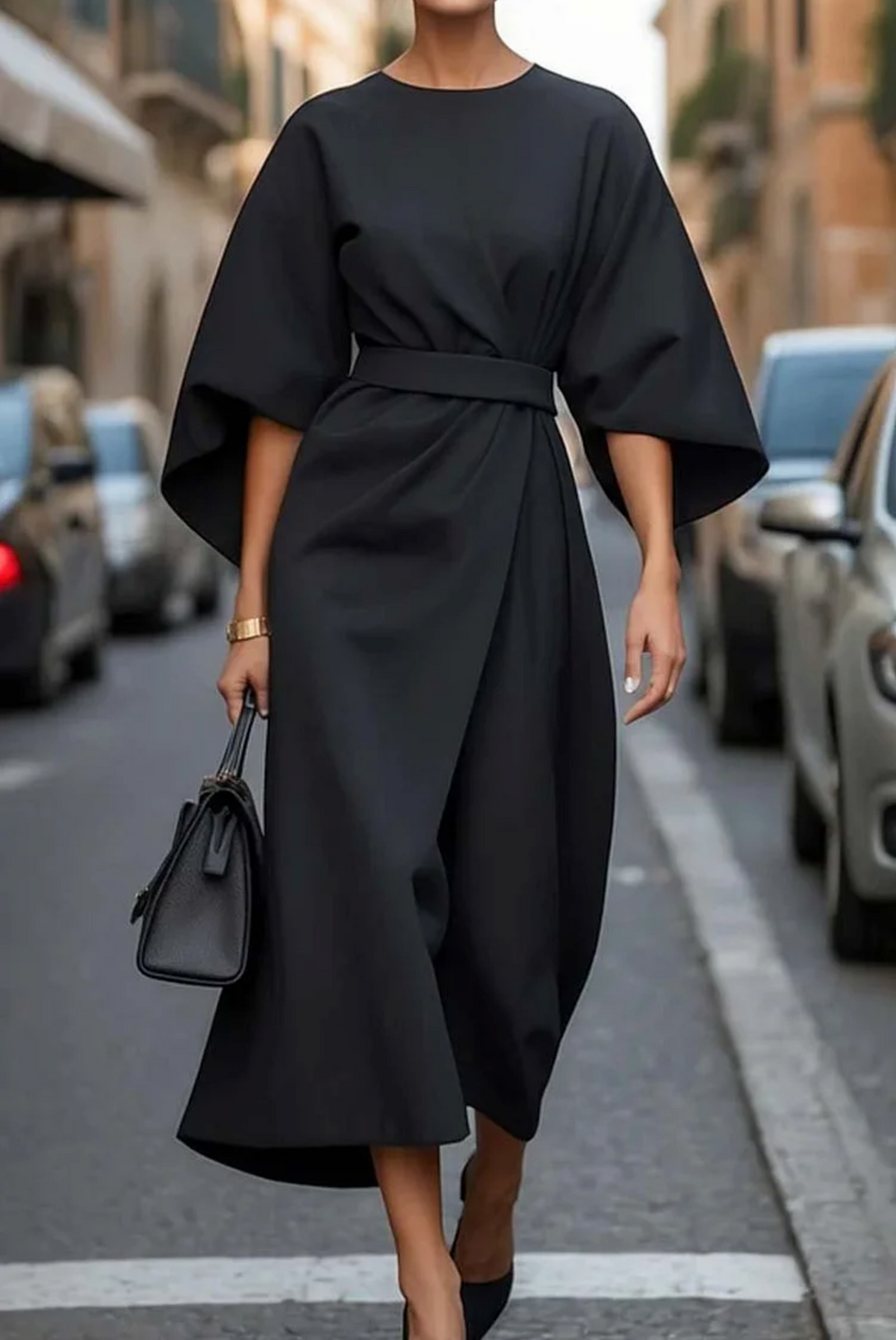 Cristina | Vestido Elegante con Mangas Farol y Cintura Ajustable