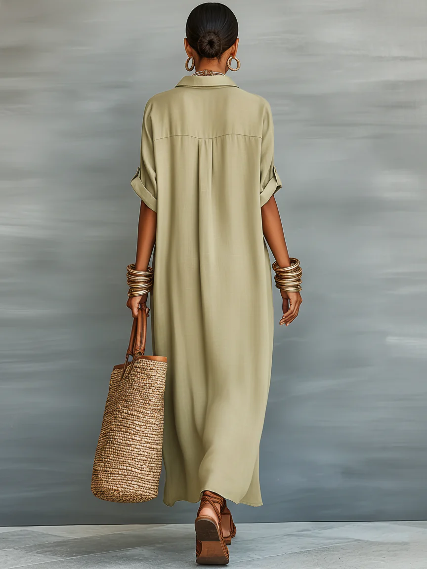 Adriana | Vestido Largo Verde Oliva de Línea Minimalista