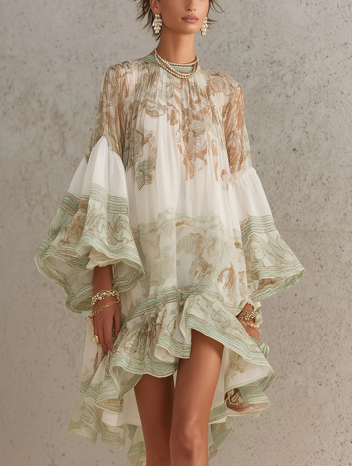 Alicia | Vestido Mini de Gasa con Estampado Verde y Volantes