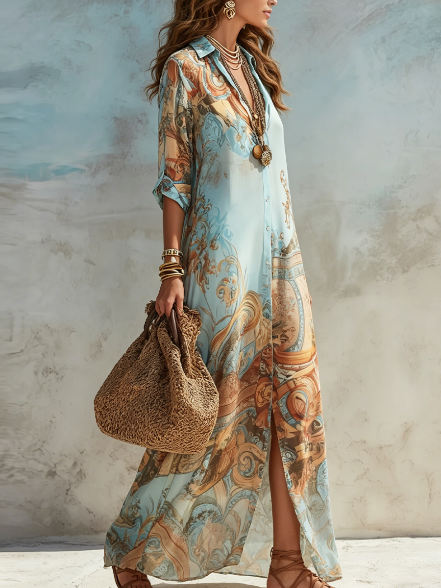 Marta | Vestido Camisero Largo con Estampado Floral Azul