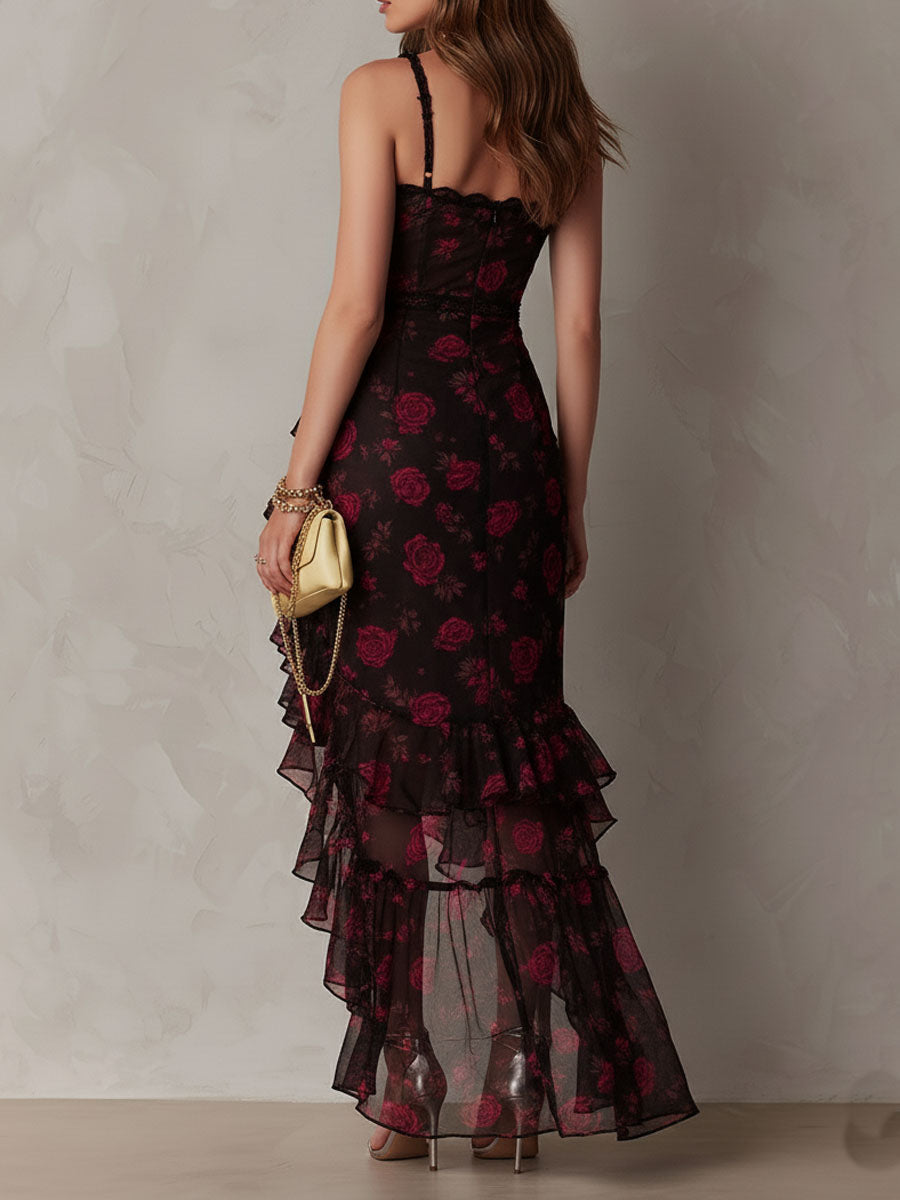 Pilar | Vestido Floral Negro y Rojo con Fruncido y Volantes