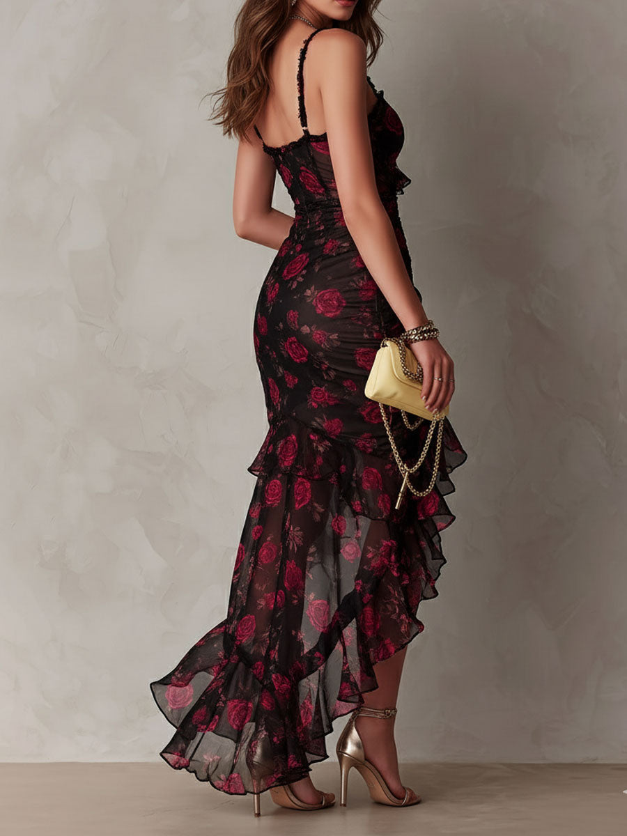 Pilar | Vestido Floral Negro y Rojo con Fruncido y Volantes