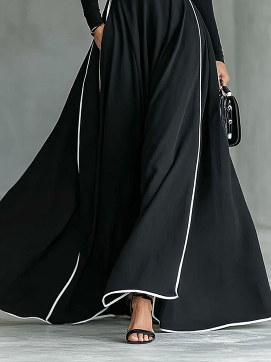 Julia – Vestido Largo Negro de Mujer con Costuras Blancas y Cuello Alto, Manga Larga, Cintura Ceñida