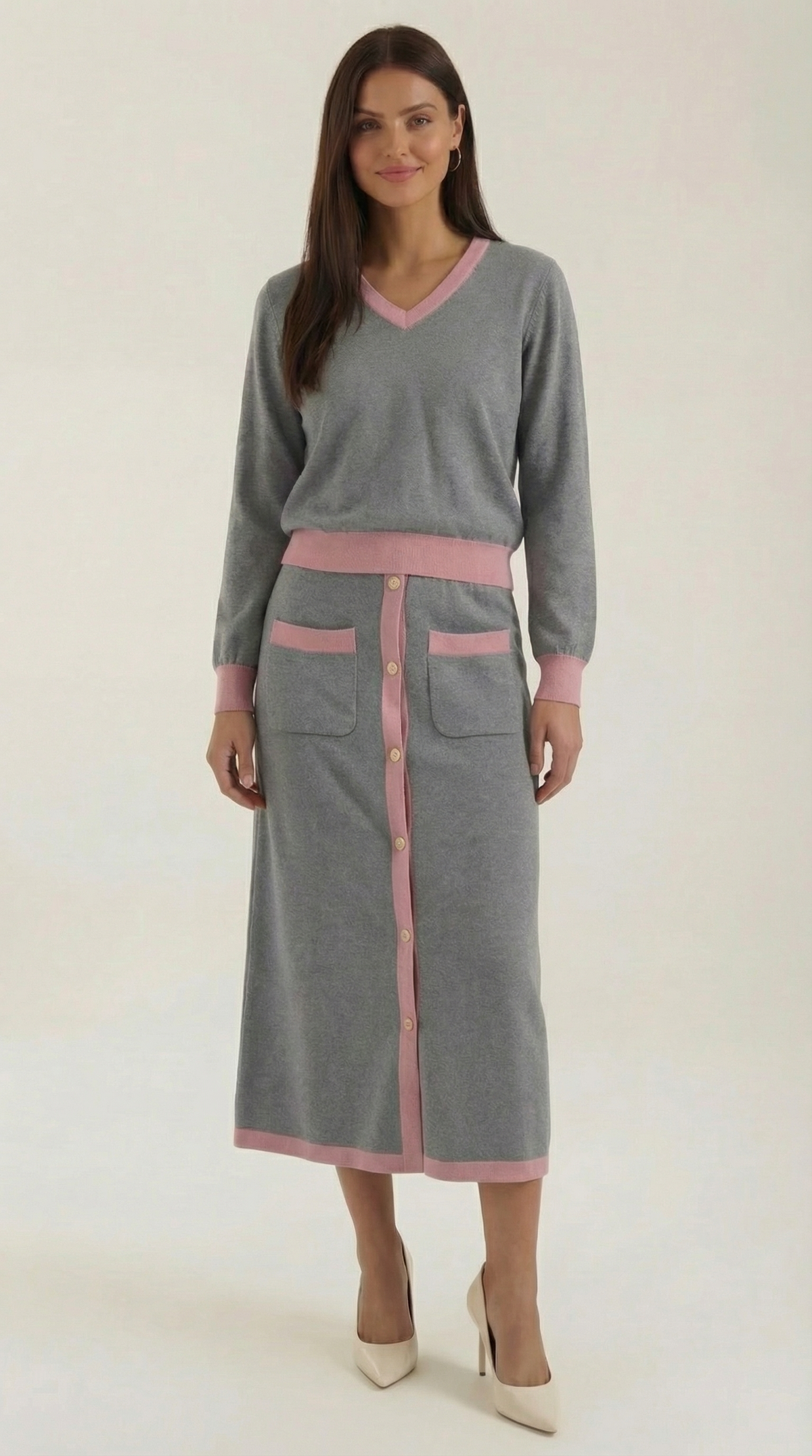 Cheryl | Conjunto de Suéter en V y Falda Midi