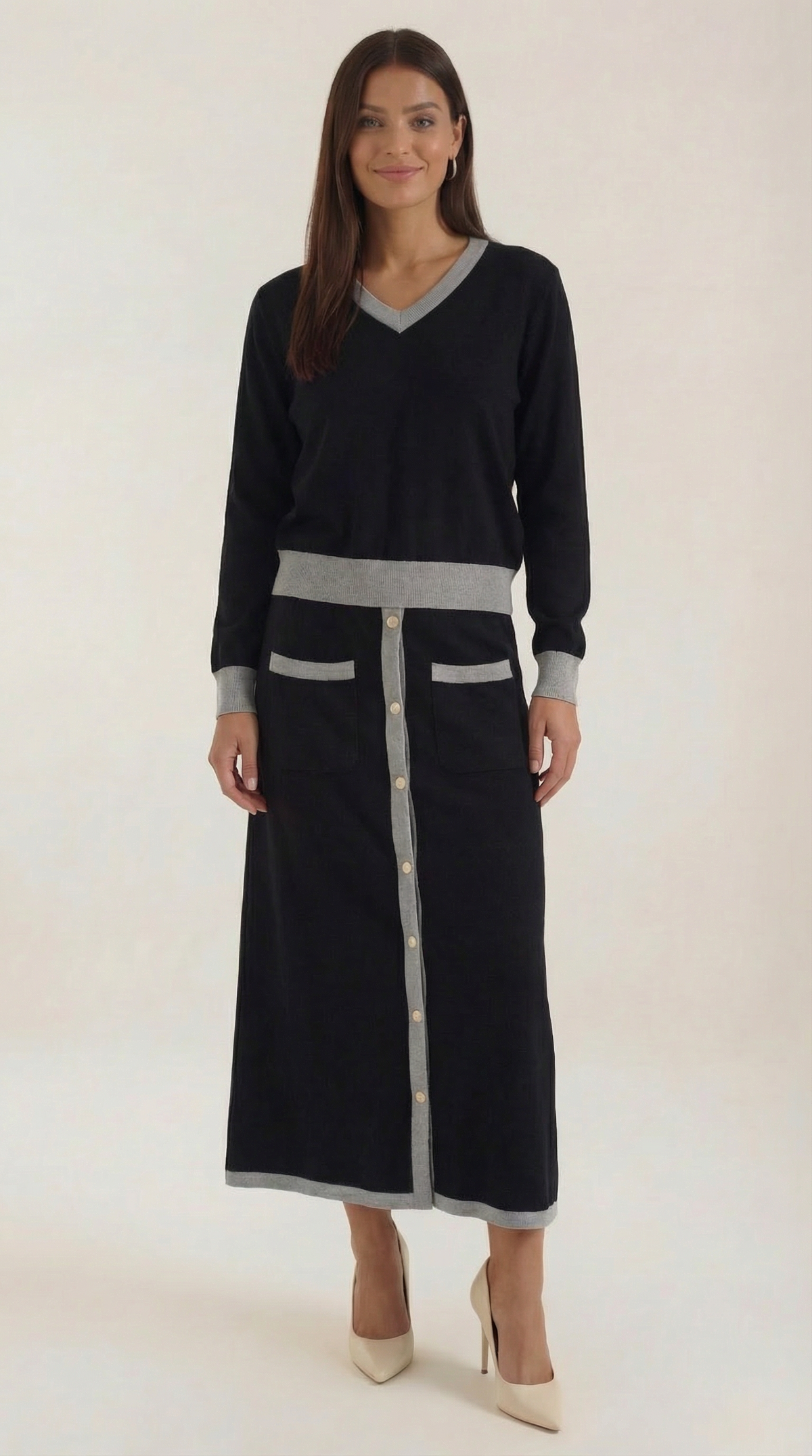 Cheryl | Conjunto de Suéter en V y Falda Midi